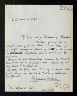 Carta de E. Jardiel Poncela a Melchor Fernández Almagro en la que le agradece la suya y el interé...