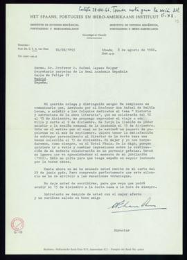 Carta de C. F. Adolf van Dam a Rafael Lapesa en la que le anuncia que viajará a Madrid del 12 al ...