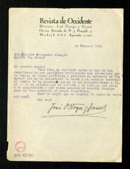 Carta de José Ortega y Gasset, director de la Revista de Occidente, a Melchor Fernández Almagro e...
