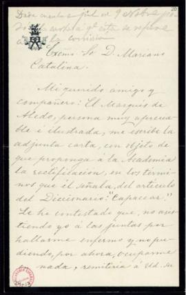 Carta del duque de Rivas [Enrique Ramírez de Saavedra] al secretario, Mariano Catalina, con la ad...