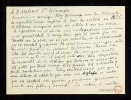 Carta de Enrique Chicote a Melchor Fernández Almagro en la que le agradece la crítica que le ha d...