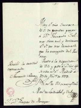 Orden de Manuel de Lardizábal del pago a Fernando Selma de 7200 reales de vellón por tres láminas...