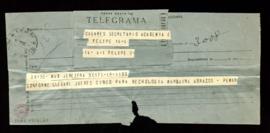 Telegrama de José María Pemán a Julio Casares en el que le indica que llegará a las cinco para la...