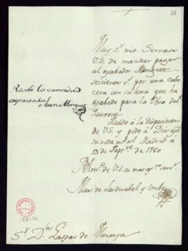 Orden de Manuel de Lardizábal del pago a Juan Minguet de 600 reales de vellón por una cabecera co...