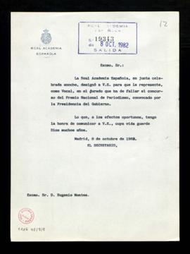 Copia sin firma del oficio del secretario [Alonso Zamora Vicente] a Eugenio Montes, de comunicaci...
