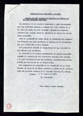 Minuta del anuncio del secretario, Alonso Zamora Vicente, de una segunda plaza de académico de nú...