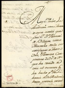 Carta orden de Francisco Antonio de Angulo a los contadores para que anoten el abono a Juan Vela,...