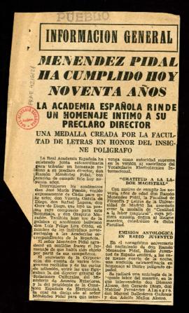 Recorte del diario Pueblo con el artículo Menéndez Pidal ha cumplido hoy noventa años