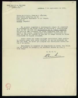 Carta de C. F. Adolf van Dam a Julio Casares con la que le envía una nueva lista de adiciones y c...