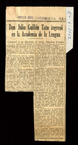 Recorte del diario Hoja del Lunes con la noticia titulada Don Julio Guillén Tato ingresó en la Ac...