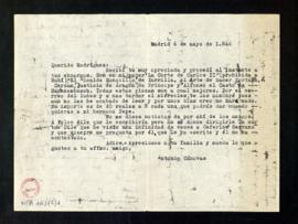 Copia de la carta de Antonio Cánovas del Castillo a Rodríguez en la que le dice que compró por su...
