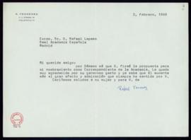 Carta de Rafael Ferreras a Rafael Lapesa en la que le agradece que firmara su candidatura como ac...