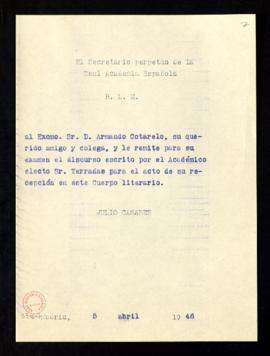 Copia del besalamano de Julio Casares a Armando Cotarelo con el que le remite para su examen el d...