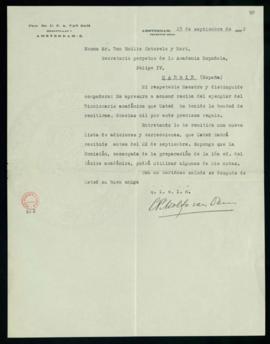 Carta de C. F. Adolf van Dam a Emilio Cotarelo en la que acusa recibo del ejemplar del Diccionari...