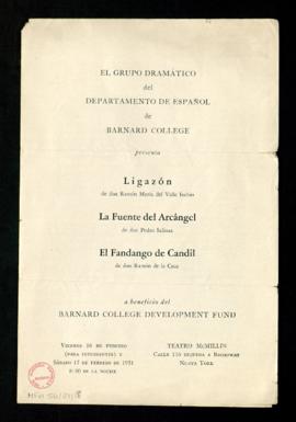 Programa de mano de Ligazón, La fuente del Arcángel y El fandango del candil, representadas por e...