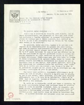 Copia de la carta de Torcuato Luca de Tena a Gabriel Arias Salgado, ministro de Información y Tur...
