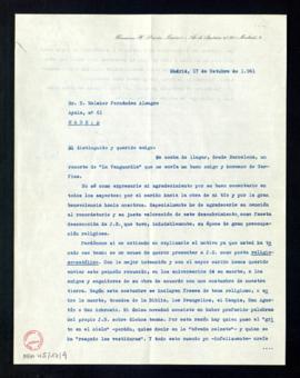 Carta de Francisco Hernández-Pinzón Jiménez a Melchor Fernández Almagro en la que le agradece el ...