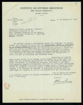 Carta de C. F. Adolf van Dam a Julio Casares en la que acusa recibo del ejemplar de la segunda ed...