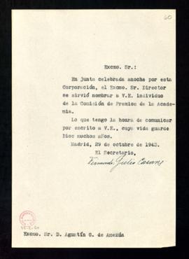 Copia del oficio del secretario a Agustín G. de Amezúa de traslado de su nombramiento como indivi...