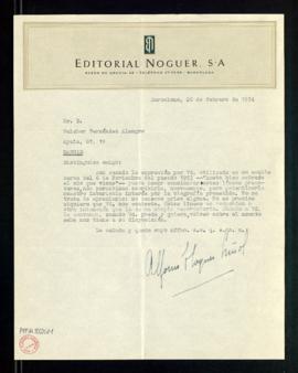 Carta de Alfonso Noguer Suñol, director de la Editorial Noguer, a Melchor Fernández Almagro en la...