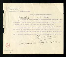 Carta de J. Sánchez Guerra a Melchor Fernández Almagro en la que le dice que va a leer con interé...