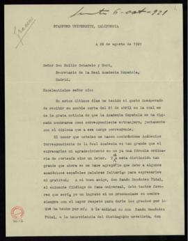 Carta de Aurelio M. Espinosa a Emilio Cotarelo, secretario, de agradecimiento por su nombramiento...