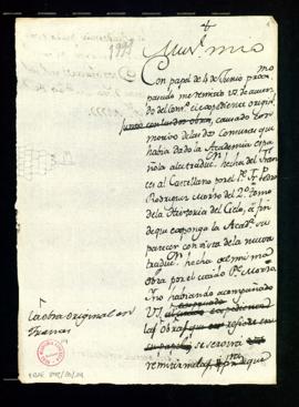 Minuta de la carta [de Juan de Trigueros] a Antonio Martínez Salazar en la que solicita la remisi...