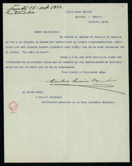 Carta de Carlos María Ocantos a Emilio Cotarelo en la que acusa recibo de la medalla de oro y dip...