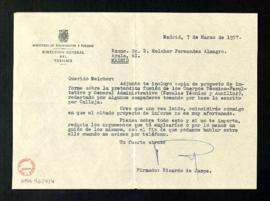 Carta de Ricardo Jaspe a Melchor Fernández Almagro con la que le envía una copia del proyecto de ...