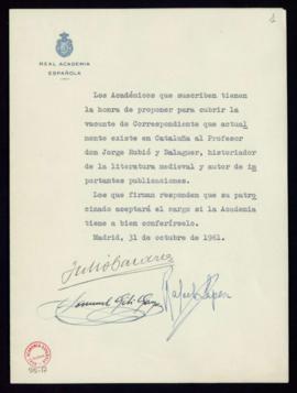 Propuesta de Jorge Rubió y Balaguer como académico correspondiente en Cataluña