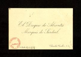 Tarjeta de visita del duque de Abrantes y marqués de Sardoal
