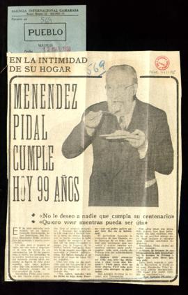 Recorte del diario Pueblo con el artículo Menéndez Pidal cumple hoy 99 años, por José Antonio Plaza