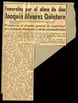 Recorte del diario Pueblo con la noticia Funerales por el alma de don Joaquín Álvarez Quintero