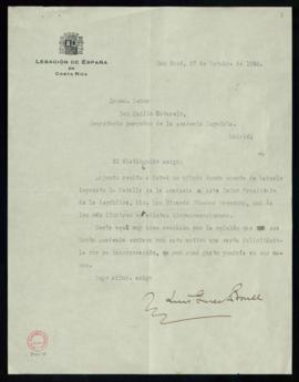 Carta del embajador de España en Costa Rica a Emilio Cotarelo, secretario, con la que le remite u...