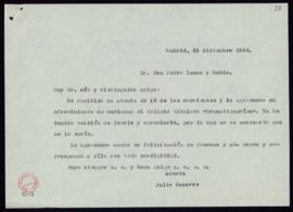 Minuta de la carta de Julio Casares a Pedro Lemus y Rubio en la que le informa de que ya leyó sus...