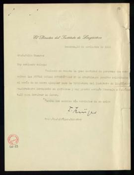 Carta de Fritz Krüger, director del Instituto de Lingüística, a Julio Casares en la que le pide e...
