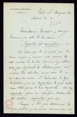 Carta de A[ntonio] M[aría] Segovia al marqués de Molins en relación a un asunto y la dificultad d...