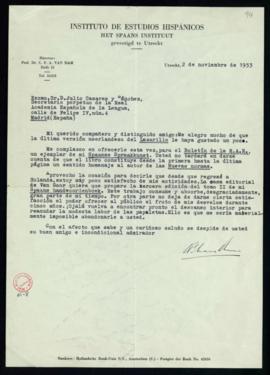 Carta de C. F. Adolf van Dam a Julio Casares con la que le remite para el Boletín un ejemplar de ...