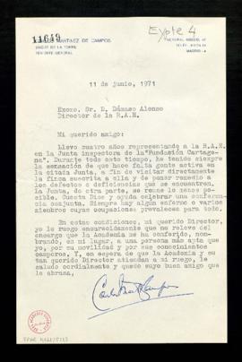 Carta de Carlos Martínez de Campos, duque de la Torre, a Dámaso Alonso, director de la Real Acade...