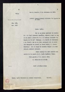 Copia sin firma del oficio de José A. Giménez-Arnau, embajador de España, al ministro de Asuntos ...