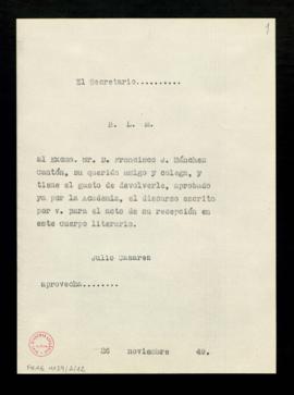 Copia sin firma del besalamano de Julio Casares a Francisco J. Sánchez Cantón con el que le devue...