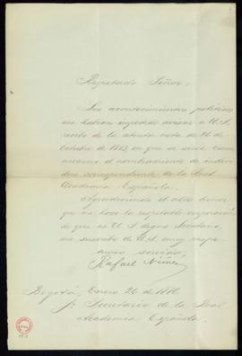Carta de Rafael Núñez al secretario en la que acusa recibo de su nombramiento como académico corr...