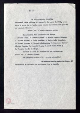 Copia de la minuta de la invitación de la Real Academia Española a la junta pública del 13 de mar...