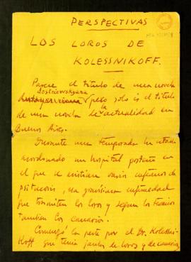 Manuscrito de Perspectivas. Los loros de Kolessnihoff, de Ramón Gómez de la Serna