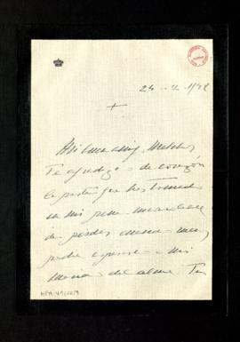 Carta de M.ª Teresa [Roca de Togores] a Melchor Fernández Almagro en la que le agradece la suya d...