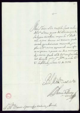 Carta de Tomás de Montes y Corral a Vincencio Squarzafigo en la que le agradece el envío del tomo...