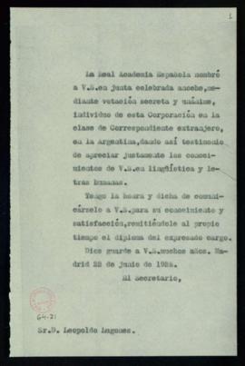 Copia del oficio del secretario a Leopoldo Lugones de traslado de su elección y envío del diploma...