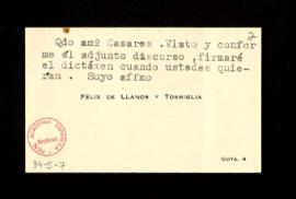 Tarjeta de visita de Félix de Llanos y Torriglia adjunta al discurso, escrito por Emilio Fernánde...