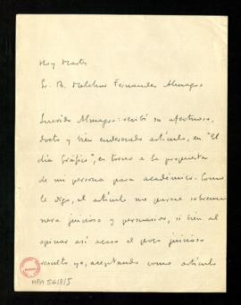 Carta de Ramón Pérez de Ayala a Melchor Fernández Almagro en la que acusa recibo del artículo de ...
