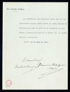 Informe positivo de la comisión encargada de examinar el discurso de Andrés Mellado y Fernández p...